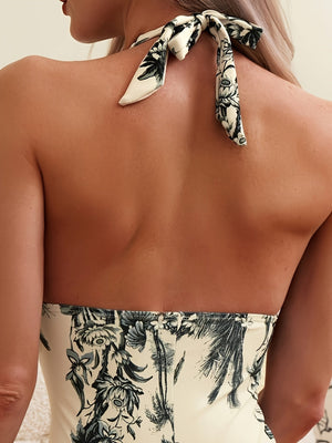 Costume Modellante con Scollo a V e Stampa a Giardino