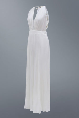 Chiara – Tuta Lunga Elegante Donna con Scollo Profondo, Spacchi e Dettaglio a Perle