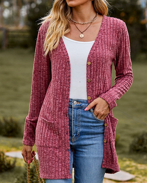Cardigan Donna Elegante Sveva – Lungo in Maglia a Coste con Bottoni e Tasche