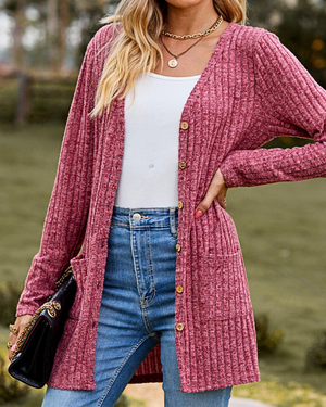Cardigan Donna Elegante Sveva – Lungo in Maglia a Coste con Bottoni e Tasche
