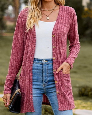 Cardigan Donna Elegante Sveva – Lungo in Maglia a Coste con Bottoni e Tasche