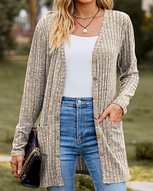 Cardigan Donna Elegante Sveva – Lungo in Maglia a Coste con Bottoni e Tasche