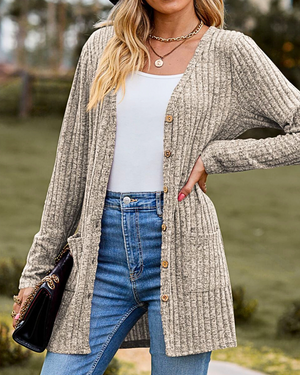 Cardigan Donna Elegante Sveva – Lungo in Maglia a Coste con Bottoni e Tasche