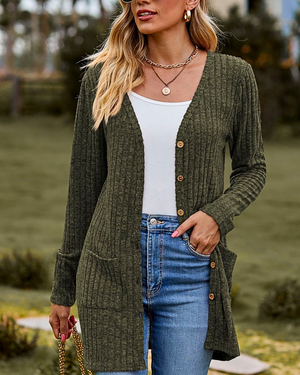 Cardigan Donna Elegante Sveva – Lungo in Maglia a Coste con Bottoni e Tasche