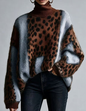 Maglione Donna Oversize Animalier con Collo Alto e Inserti Color Block – Stile Audace – Ludovica