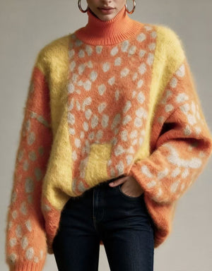 Maglione Donna Oversize Animalier con Collo Alto e Inserti Color Block – Stile Audace – Ludovica