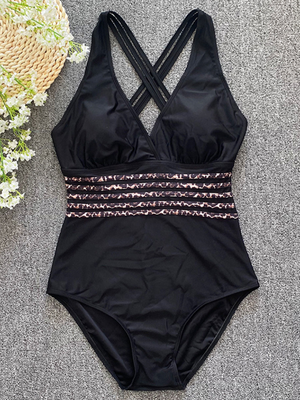Costume Intero Donna Contenitivo Scollo V Fascia Modellante Leopardata