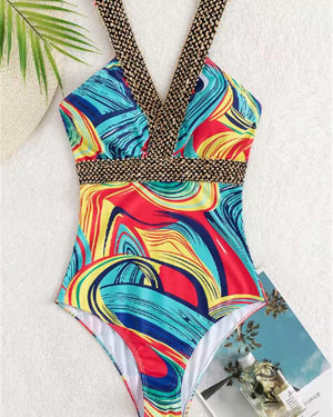 Costume Intero Donna Scollo a V – Stampa Astratta e Dettaglio Perline Dorato
