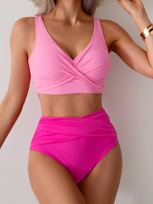 Bikini Due Pezzi Donna Vita Alta - Top Incrociato Contenitivo Tinta Unita
