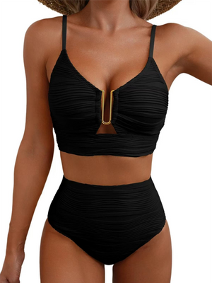Bikini Due Pezzi Vita Alta Donna – Texture Arricciata e Dettaglio Dorato Contenitivo