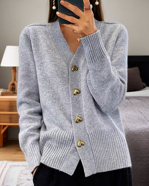 Cardigan Donna Elegante – Maglia Morbida con Bottoni Dorati a Cuore