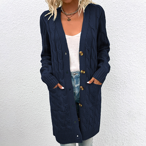 Cardigan Donna Lungo Caldo Nadia – Maglia a Treccia con Bottoni e Tasche