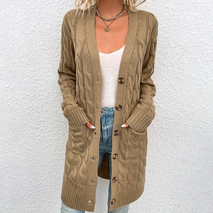 Cardigan Donna Lungo Caldo Nadia – Maglia a Treccia con Bottoni e Tasche