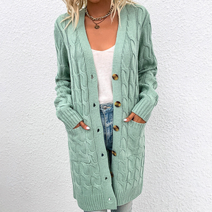 Cardigan Donna Lungo Caldo Nadia – Maglia a Treccia con Bottoni e Tasche