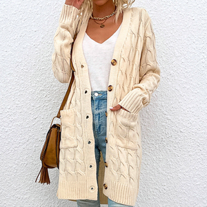 Cardigan Donna Lungo Caldo Nadia – Maglia a Treccia con Bottoni e Tasche