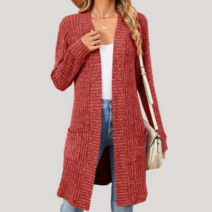 Cardigan Donna Lungo Elegante Chiara – Maglia a Coste Morbida con Tasche