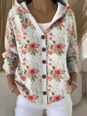 Cardigan Donna con Cappuccio Casual Comodo per Tutti i Giorni - Morbido con Stampa Artistica e Vestibilità Confortevole - Martina