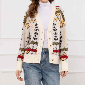 Cardigan Donna con Motivo Jacquard Geometrico e Bottoni – Stile Retrò e Comfort – Anita