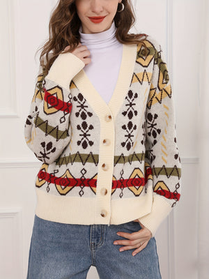 Cardigan Donna con Motivo Jacquard Geometrico e Bottoni – Stile Retrò e Comfort – Anita