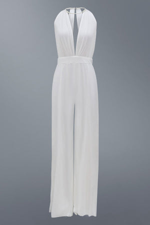 Chiara – Tuta Lunga Elegante Donna con Scollo Profondo, Spacchi e Dettaglio a Perle