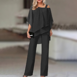 Completo Donna Elegante in Chiffon – Top Asimmetrico e Pantalone Largo
