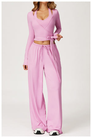 Completo Sportivo Donna – Top, Blusa Wrap e Pantaloni Palazzo in Tessuto Elasticizzato