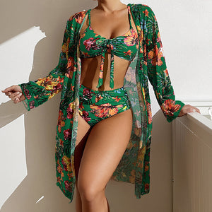 Costume 3 Pezzi Donna Tropicale – Bikini a Vita Alta con Copricostume Leggero