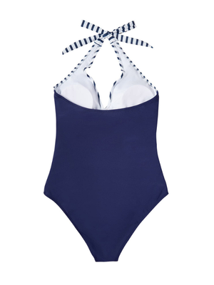 Costume Intero Donna Contenitivo - Scollo a V e Effetto Modellante - Righe Blu Marino