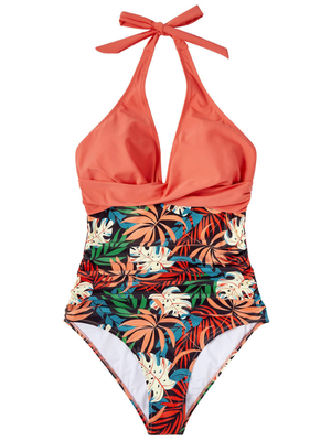 Costume Intero Donna Contenitivo - Scollo a V e Modellante - Corallo Tropicale