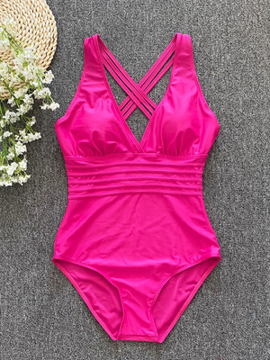 Costume Intero Donna Contenitivo Rosa con Scollo V e Spalline