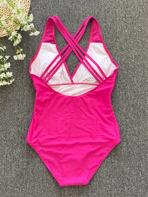Costume Intero Donna Contenitivo Rosa con Scollo V e Spalline