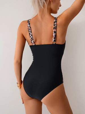 Costume Intero Donna Contenitivo Scollo Cuore Drappeggio Nero Leopardato