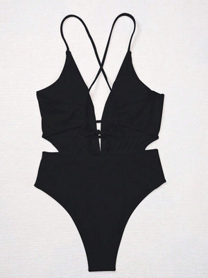 Costume Intero Donna Scollo V Profondo Schiena Aperta Nero Costine