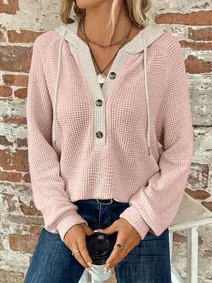 Pullover Donna con Cappuccio a Bottoni in Tessuto Waffle – Elena