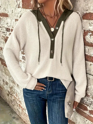 Pullover Donna con Cappuccio a Bottoni in Tessuto Waffle – Elena