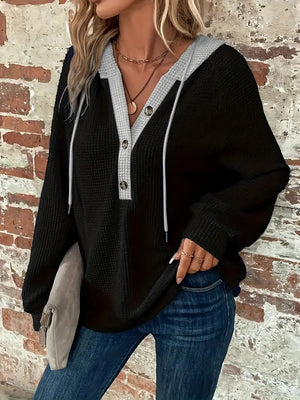 Pullover Donna con Cappuccio a Bottoni in Tessuto Waffle – Elena