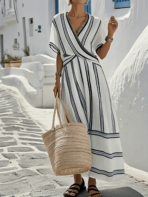 Vestito Lungo Estivo Donna Wrap a Righe Navy Scollo V Incrociato | Polignano