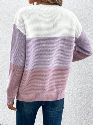 Maglione Donna Elegante a Blocchi di Colore – Girocollo Comodo e Versatile – Viola