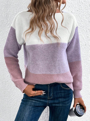 Maglione Donna Elegante a Blocchi di Colore – Girocollo Comodo e Versatile – Viola