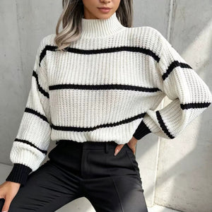 Maglione Donna Oversize a Collo Alto con Righe a Contrasto – Maglia Grossa e Comfort – Ginevra