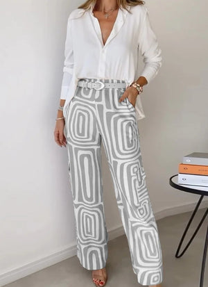 Pantaloni Larghi a Vita Alta con Stampa Geometrica Eleganti
