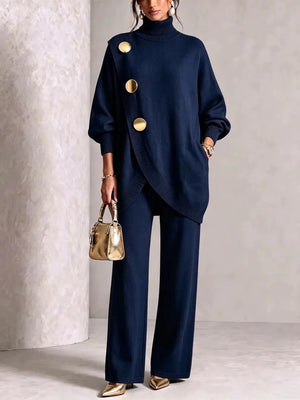Completo Donna in Maglia con Dolcevita Asimmetrico e Pantaloni a Gamba Larga – Eleganza con Dettagli Dorati – Francesca