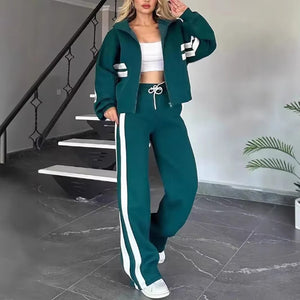 Completo Donna Sportivo con Felpa con Cappuccio e Pantaloni a Gamba Larga – Righe a Contrasto e Comfort – Federica