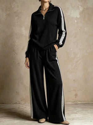 Completo Donna a Coste con Pullover Mezza Zip e Pantaloni Palazzo – Righe a Contrasto e Comfort – Greta