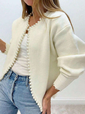 Cardigan Donna Aperto con Bordo di Perle Decorative – Eleganza Romantica – Aurora