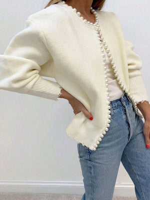 Cardigan Donna Aperto con Bordo di Perle Decorative – Eleganza Romantica – Aurora