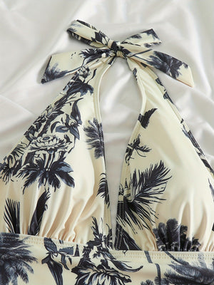 Costume Modellante con Scollo a V e Stampa a Giardino