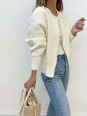 Cardigan Donna Aperto con Bordo di Perle Decorative – Eleganza Romantica – Aurora