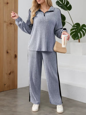 Completo Donna a Coste con Maglia Mezza Zip e Pantaloni a Gamba Larga – Righe Laterali e Comfort – Sabrina