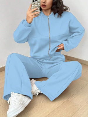 Completo Donna con Giacca con Zip e Pantaloni a Gamba Larga – Comfort e Stile Casual – Alessia